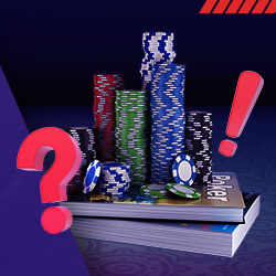 Pile of poker books with poker chips stacked on top of them, left and right question marks