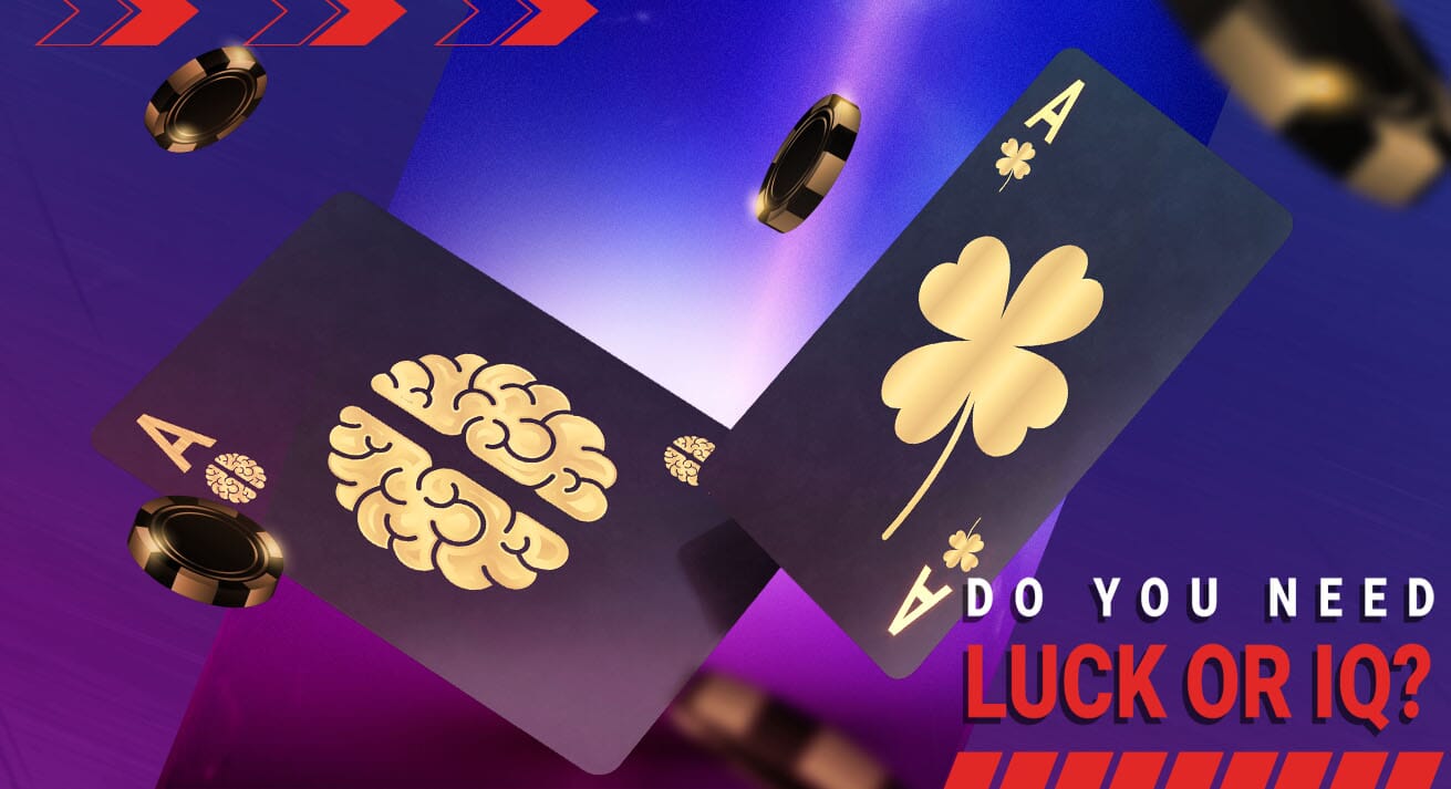 Luck or IQ at the Poker Table? Black poker cards, one with a brain and one with a lucky clover on it.